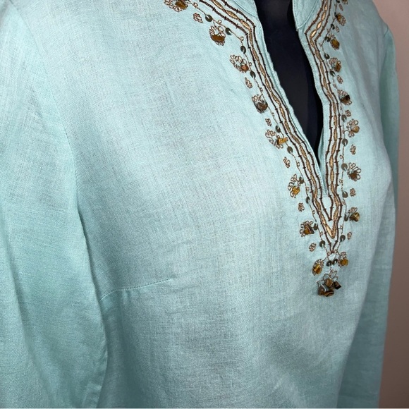 Size 6 Rafaella Linen Blouse Top Mint Teal Beaded Sequined Boho Bohemian - Picture 6 of 14